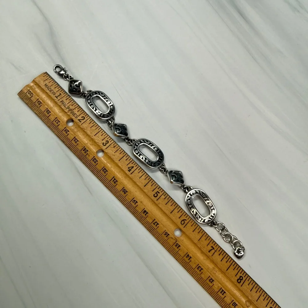 Brighton Silver Tone Scroll Link Bracelet Heart Lobster Clasp Adjustable 7.5